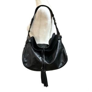 BALLY black leather hobo, tassel tie closure, made in Italy